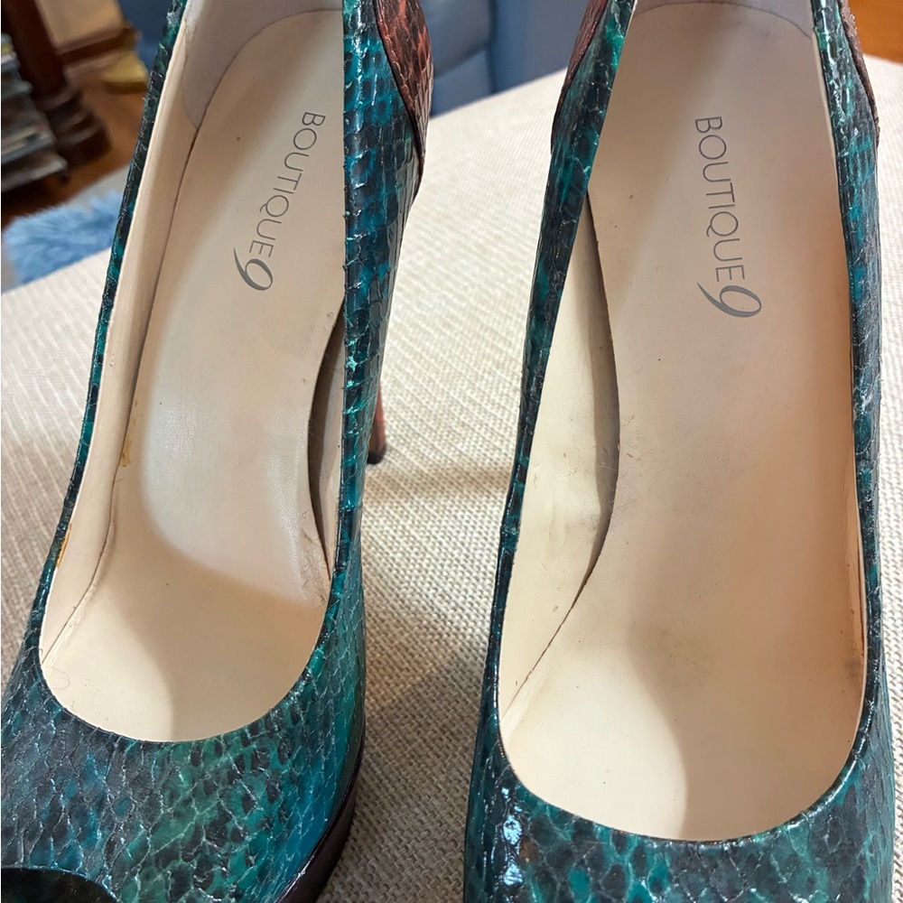 Boutique 9 Turquoise and Brown Two-tone Snakeskin Platform Heels
